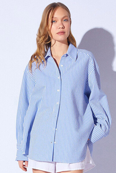 Ottawe Relaxed Fit Rahat Bol Kalıp Düğme Kapama Çizgli Uzun Kollu Oversize Gü...
