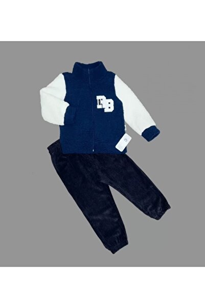BYB MODA TASARIM 1-2-3 Years Old Lamb Fabric Zippered Sweat Velvet Pants Long Sleeve Girls Boys 2-Piece Set Navy Blue