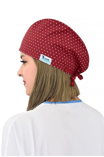 Nur Ortopedi Unisex Bordo Yıldız Desenli Doktor Hemşire Aşçı Cerrahi Bonesi