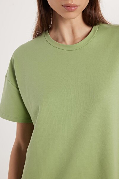 Tudors Kadın Regular Fit Kısa Kollu Esnek Kumaş Cepli Bisiklet Yaka Yeşil Elbise