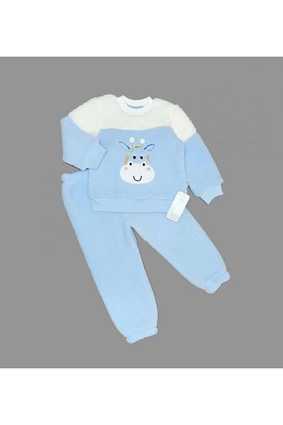 Kef 1-2-3 Years Old Pompom Giraffe Patterned Lamb Fabric Long Sleeve Set of 2 Girls and Boys Blue