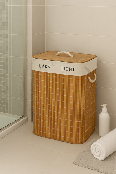 BEYZANA Urbann Bambu Katlanabilir 2 Bölmeli Çamaşır Sepeti Kahve