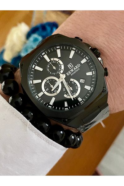 Reward Waterproof Black Color Steel Men Wrist Watch Bangle Gift