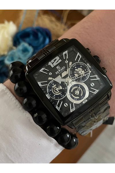 Reward Steel Square Black Color Waterproof Men Wrist Watch Bangle Gift