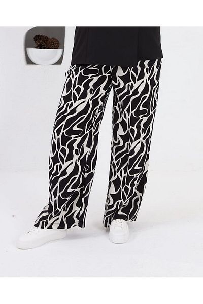SagaEva Black Patterned Draped Viscose Palazzo Large Size Trousers