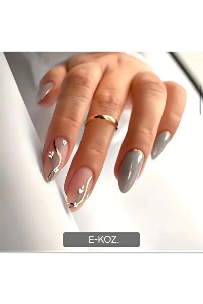 Butik Gri Pembe Üzeri Lale Altın Dalga Ve Sim Detaylı 24'lü Badem Takma Tırna...