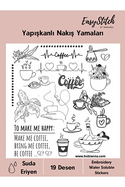 Hobianna EasyStitch Yapışkanlı Suda Eriyen Nakış Yamaları - Kahve, 19 Desen