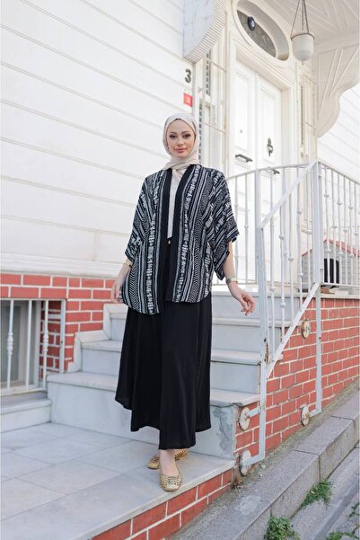 QUAWEAR Relaxed Fit Short Sleeve Patterned Kimono with Lace-Up Waist Skirt Set of Two