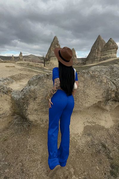 Siner Fashion Women's Saks Blue Crop Wide Leg Pants Bottom Top Set