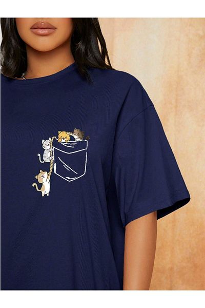 VBSVİBES Unisex Women/Men Cat Colorful Custom Printed Oversize Crew Neck Single Jersey T-Shirt