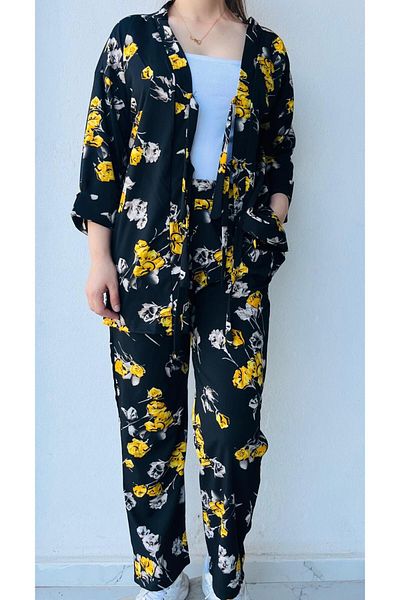 LAVİN GİYİM Women's Half Sleeve Black-Yellow-Cream Rose Patterned Color Kimono Suit