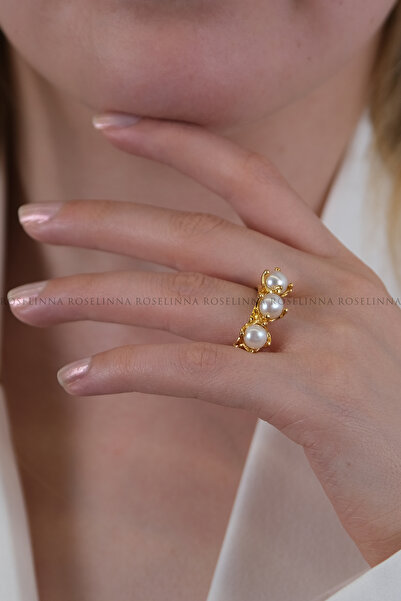 ROSELİNNA Gerçek İnci Ayarlanabilir Altın Kaplama Yüzük, Gerçek İnci Zarif ve...
