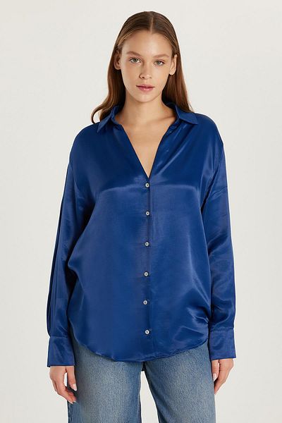 Tudors Women's Slim Fit Slim Fit Long Sleeve Satin Navy Blue Shirt