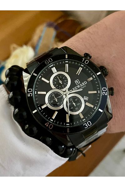 Reward Waterproof Black Color Steel Men Wrist Watch Bangle Gift