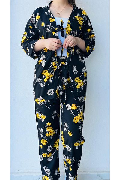 LAVİN GİYİM Women's Half Sleeve Black-Yellow-Cream Rose Patterned Color Kimono Suit
