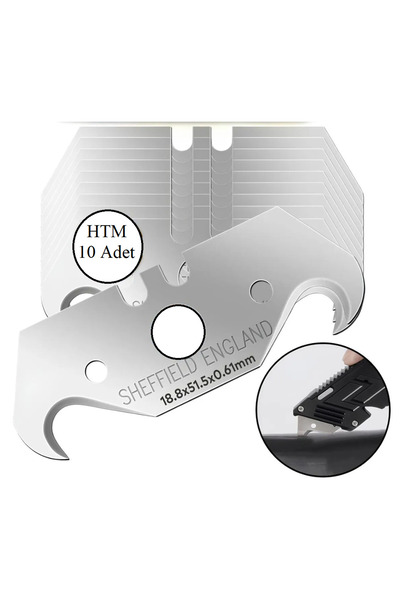 HTM Yapı KALİTE Kancalı Rötuş Bıçak Yedeği Kesme Boynuz Bıçak Halıcı Bıçağı 10'lu Paket 18.8x51.5x0,61mm