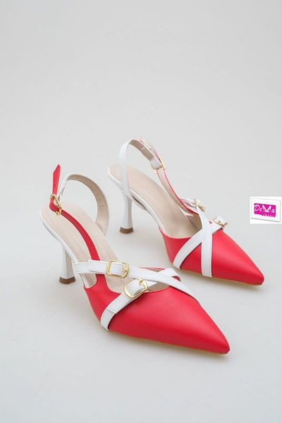 Demashoes Red White Spike Toe Open Back Buckle Heel 8 Cm.