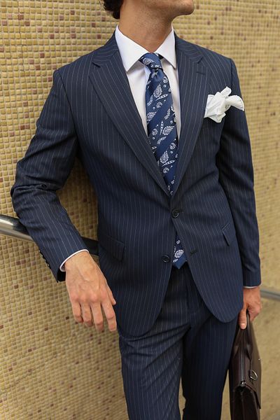 AEK FIORE Men's Navy Blue Striped Suit