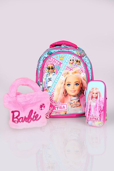 Barbie مجموعة الأميرة الوردية الزرقاء المرخصة من DEKOMUS - 3 أقسام للمدرسة، قلم رصاص وصندوق غداء، قارورة
