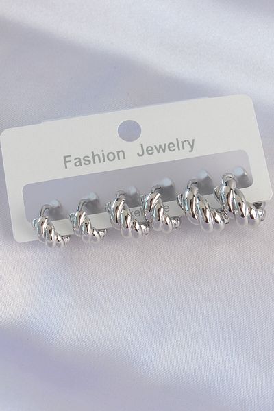 Mu Art Ahşap Brass Silver Color Minimal Serrated Earring Set