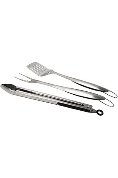 Mu Art Ahşap Aygaz 3-Piece Barbecue Set, Barbecue Tongs, Fork, Burger Spatula, Meat Fork, Stainless Steel
