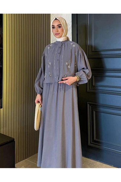 nizzell Women's New Season Beaded Embroidered Hijab Skirt Suit Summer Stylish Combination Gray