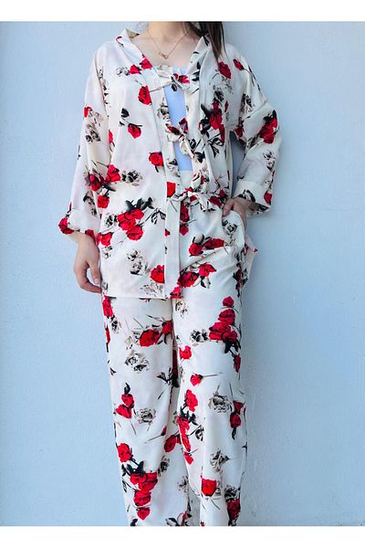 LAVİN GİYİM Women's Half Sleeve White-Red-Cream Rose Patterned Colorful Kimono Set