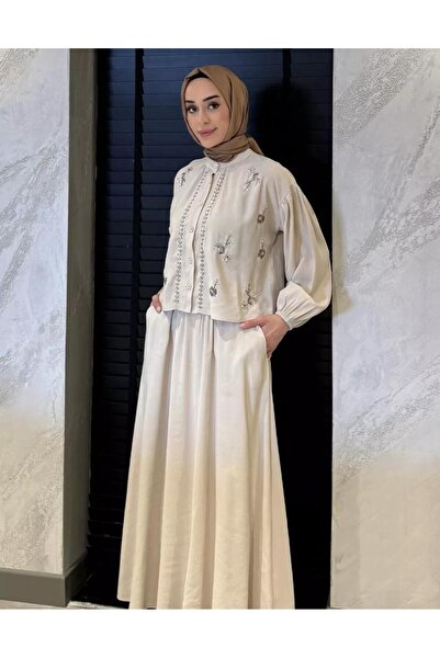 nizzell Women's New Season Beaded Embroidered Hijab Skirt Suit Summer Stylish Combination Cream