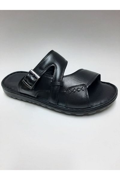 EMRE AYAKKABI Genuine Leather Black Color Orthopedic Buckle Men's Slippers