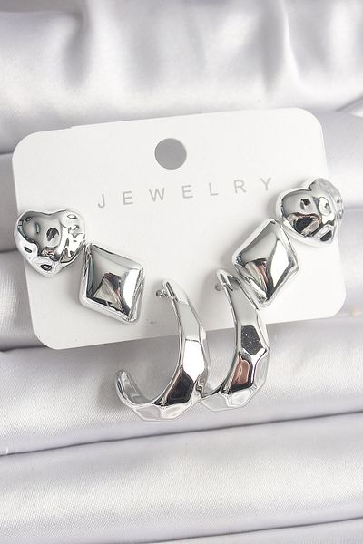 TT Tahtakale Toptancıları Silver Color Heart Hoop Figure Ccb Plastic Women's Earrings Set