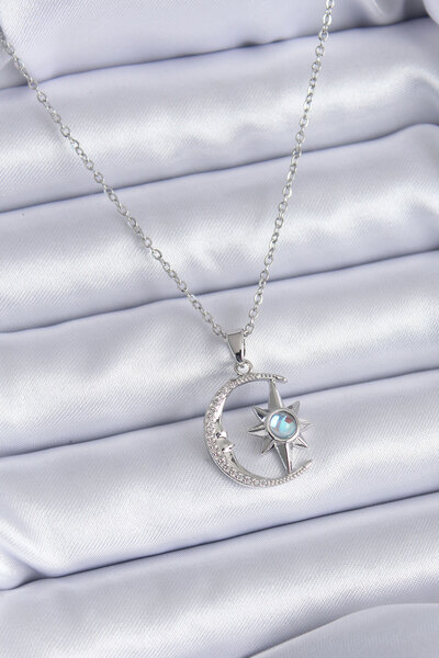 Nehir 316L Steel Silver Color Zircon Stone Moon Star Model Women's Necklace V...
