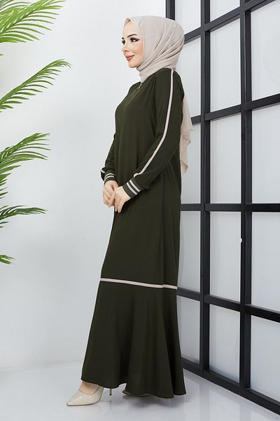 hafsamina Khaki Abaya with Stripe Detail