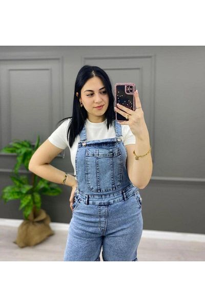 TugsatTasarTekstil Women's Light Blue Snow Salopet Shorts Denim Overalls Lycra Gardener