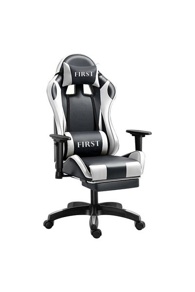 1st Comfortable Gaming Chair - Adjustable with Footrest - White/Black