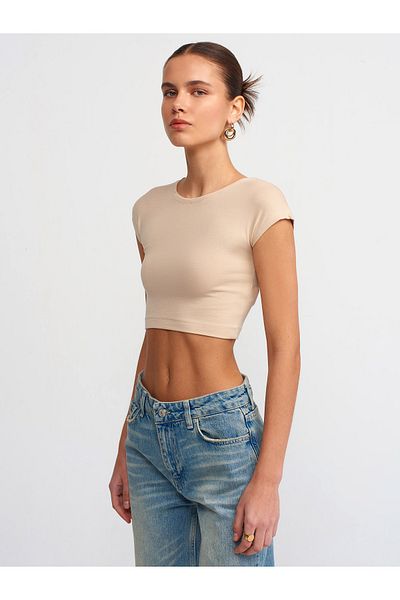 Dilvin 30528 Top crop mixt din bumbac și modal-bej deschis