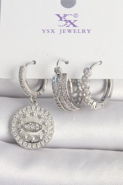 E BULURUM Brass Silver Color Zircon Stone Eye Embroidered Ring Model 3-Piece Women's Combination Earrings