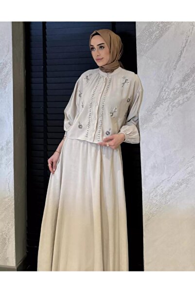 nizzell Women's New Season Beaded Embroidered Hijab Skirt Suit Summer Stylish Combination Cream