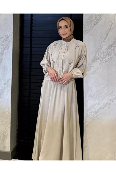 nizzell Women's New Season Beaded Embroidered Hijab Skirt Suit Summer Stylish Combination Cream