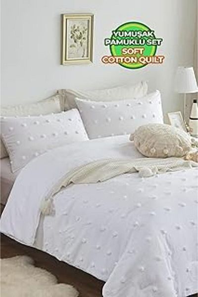 Mu Art Ahşap Cotton emmy bedspread set casual double (reversible) personality boho 3 pieces filled tufting white