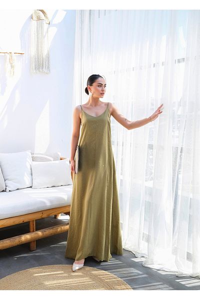 ENZOI Oil Green Strap Shiny Stone Long Dress