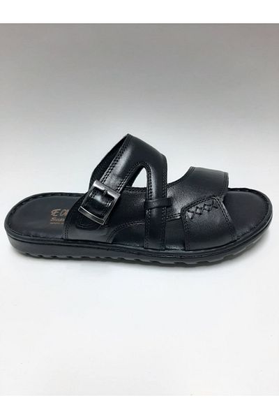 EMRE AYAKKABI Genuine Leather Black Color Orthopedic Buckle Men's Slippers
