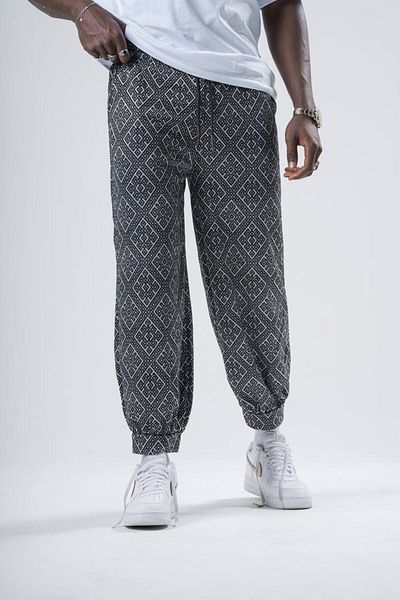 SUPERBLUE Men's Ethnic Patterned Loose Smoked Jogger Sports Pants