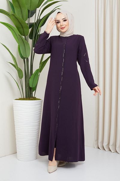 hafsamina Stone Detailed Plus Size Plum Abaya