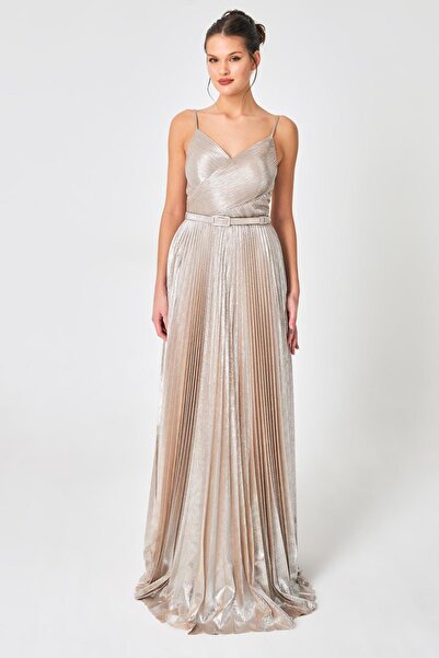 Setre Mink Silver Belt and Pleat Detail V-Neck Long Evening Dress