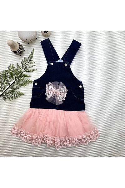 Skygo 2-3-4 Years Old Bow Button Detailed Tulle Skirt Jeans Fabric Salopet Girl's Dress Navy Blue-Powder