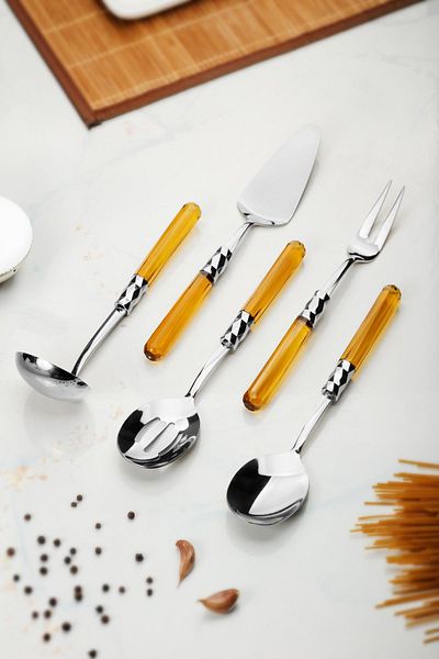 AC BOX 5 Piece Platinum Serving Set & Serving Presentation Set Amber (Ladle / Colander / Spatula / Fork / Spoon)