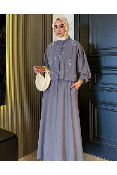 nizzell Women's New Season Beaded Embroidered Hijab Skirt Suit Summer Stylish Combination Gray