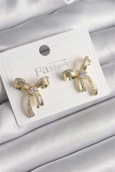 Clariss Brass Gold Color Zircon Stone Bow Model Women's Earrings