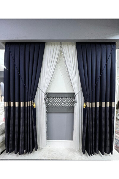 Koral Pano Fon Perde ( 2 kanat ) /Sık Pile /Yeni Sezon /lacivert renk /armür desen /boru pile