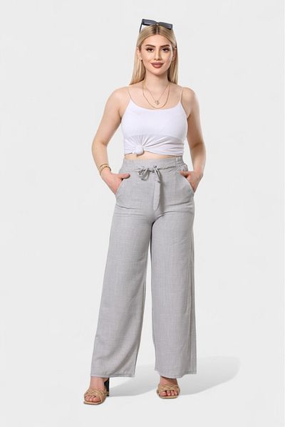 SOSYETE AVM Women's Gray Belted Elastic Waist Palazzo Linen Trousers